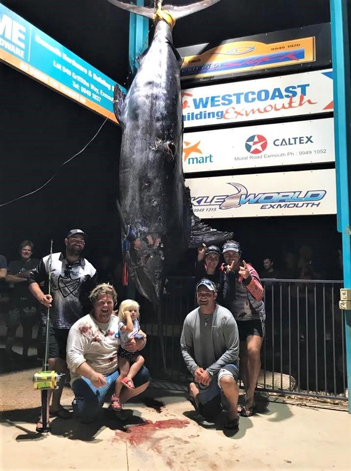 About 500 people gathered in Exmouth for the weigh-in of a 1089lb potential record blue marlin. Picture: Tackle World Exmouth