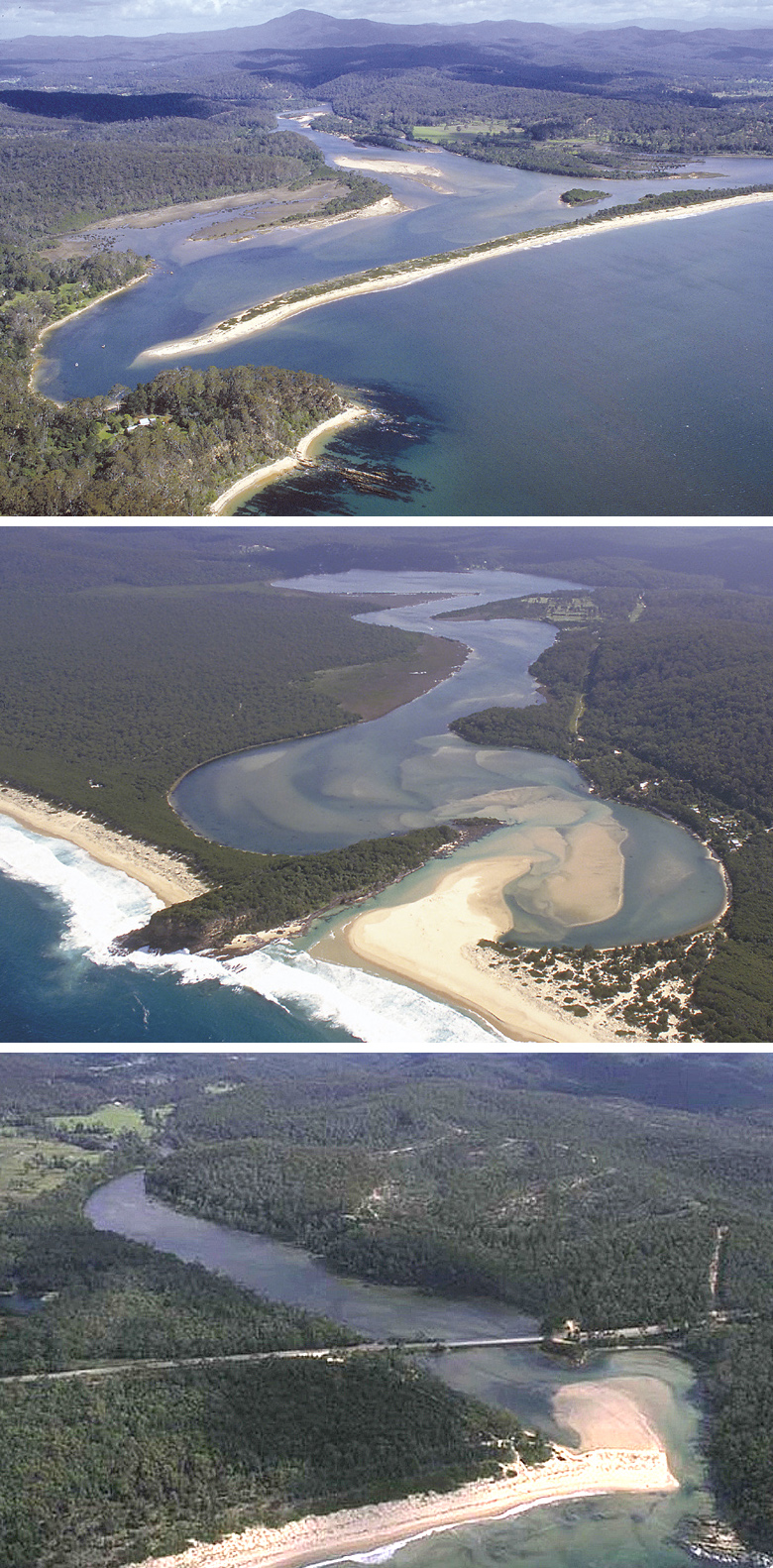 The Towamba (top), Wonboyn (middle) and Nullica (bottom) estuaries, all near Eden. Pictures John Lugg, NSW Govt