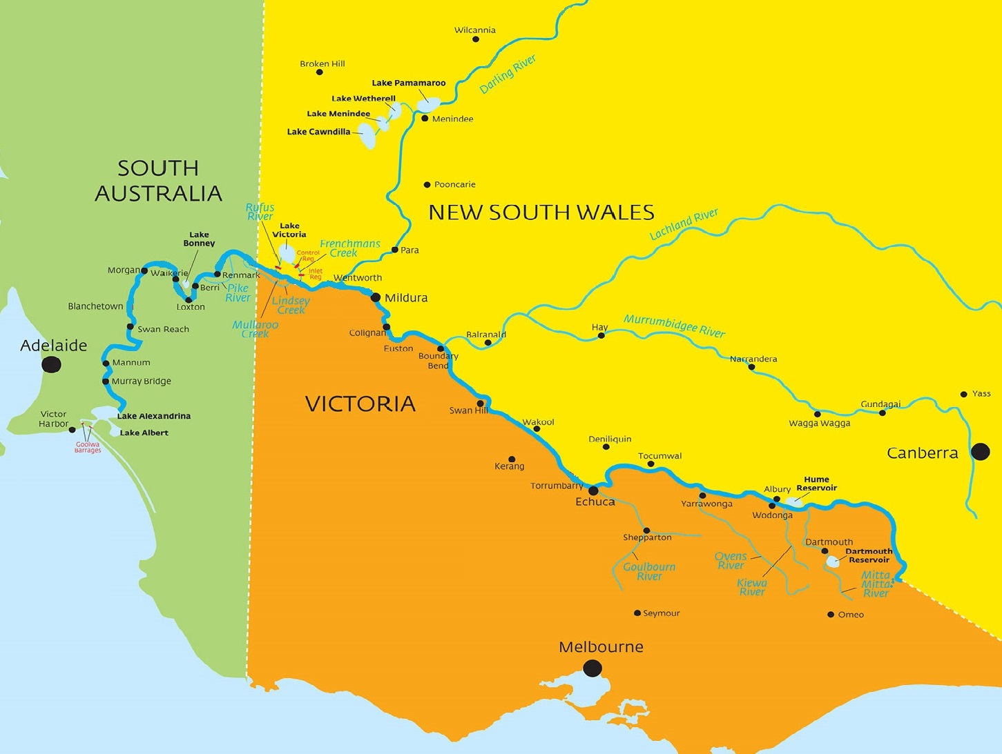 The mighty Murray River spans three states. Image adapted from SA WATER online map.