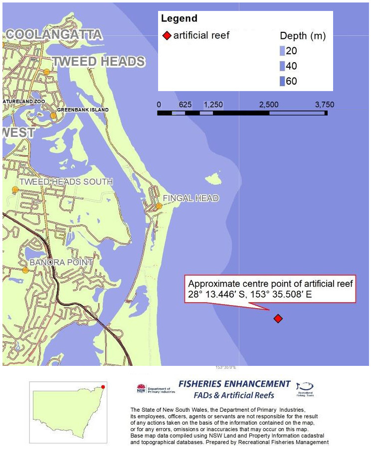 The Tweed Offshore Artificial Reef site location. Map adapted from NSW Government artwork.